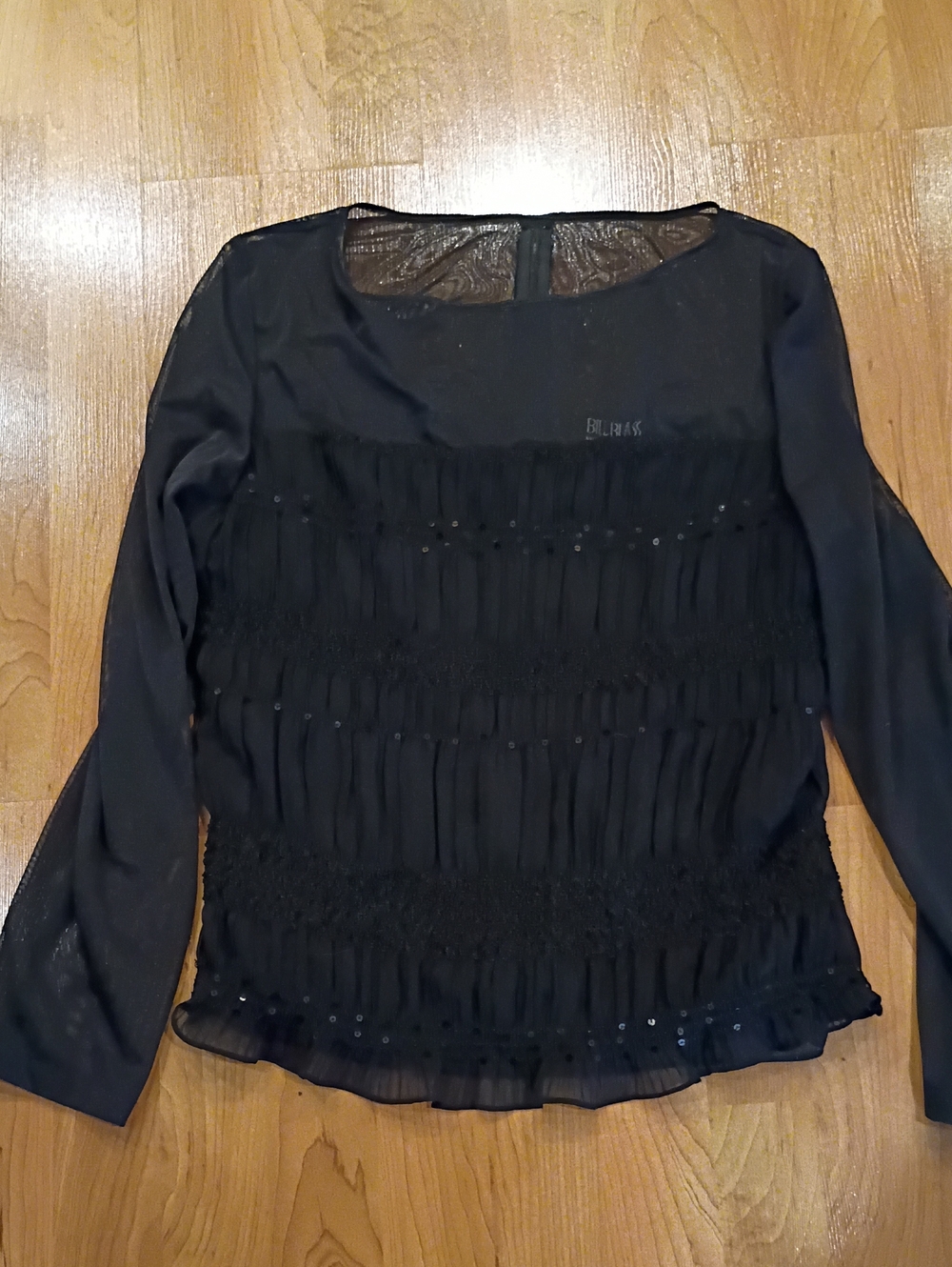 bill blass Black Long-Sleeve Ruffle Sheer Blouse